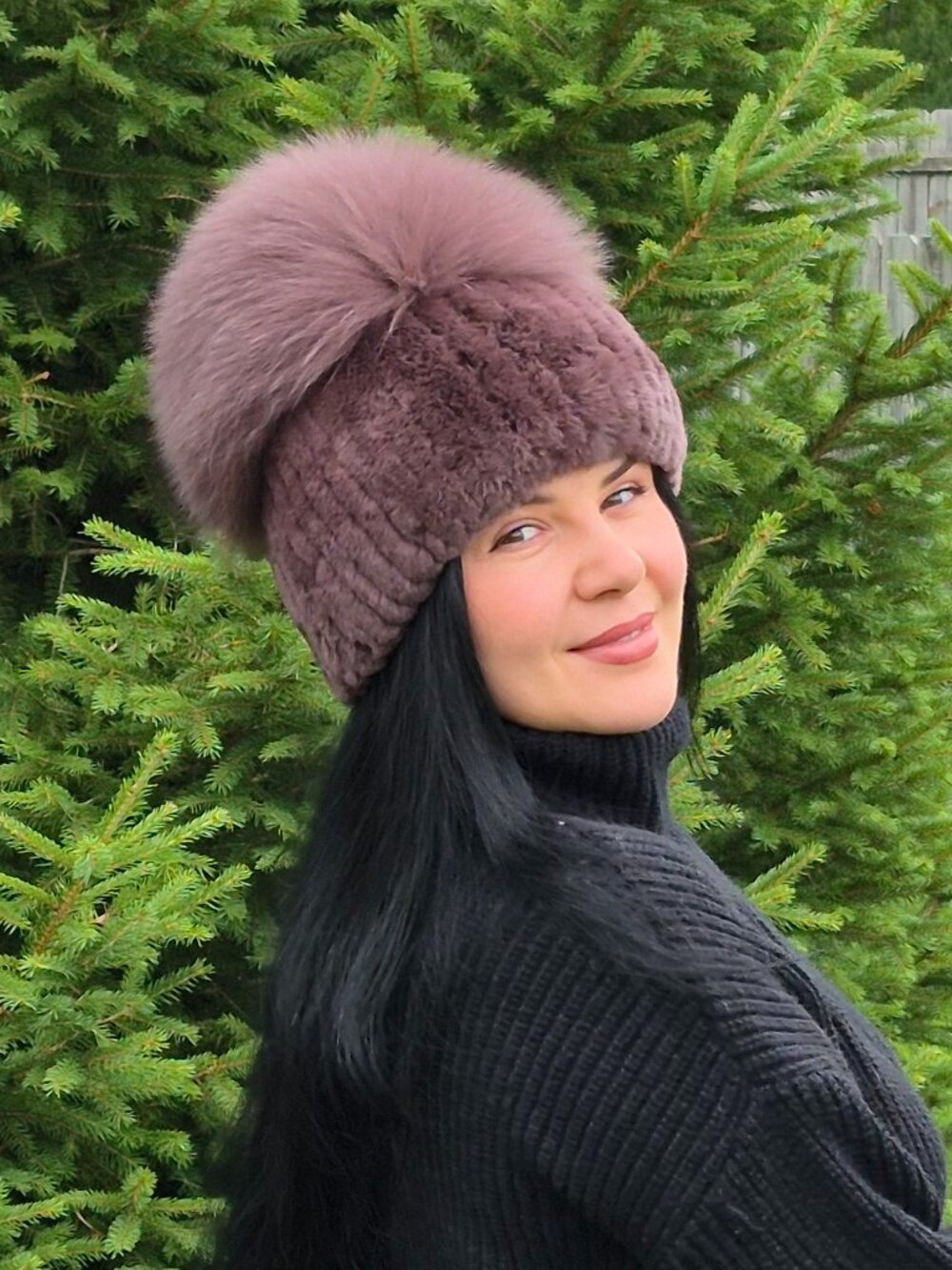 Mauve Elegant Real Rex Rabbit Fur Hat with Voluminous Real Fox Fur Crown